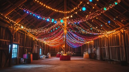 A beautifully decorated barn venue for a festive event, featuring colorful lights and tables.