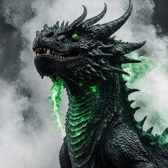A hulking black dragon with glowing green eyes and smoke curling from its nostrils, set against a white background.