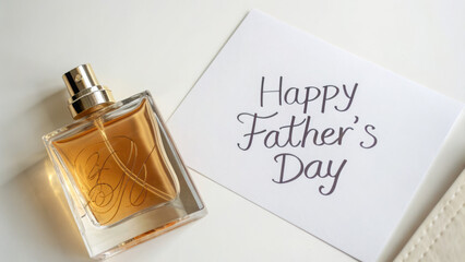 An elegant bottle of perfume lies next to a handwritten card with the inscription &ldquo;Happy Father's Day&rdquo;.Eau de toilette water as a gift evokes a sense of celebration and appreciation for fathers