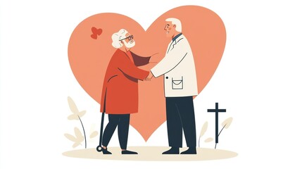 Elderly couple embracing, cemetery, heart background, grief support