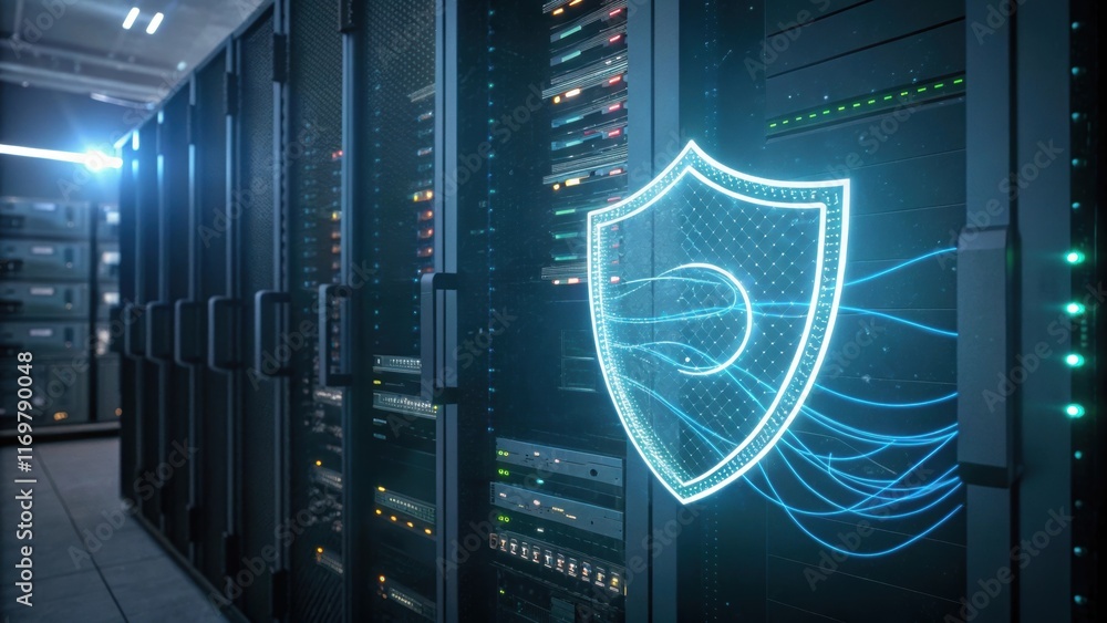 Poster futuristic glowing shield enveloping server racks in a data center, representing the vital role of c