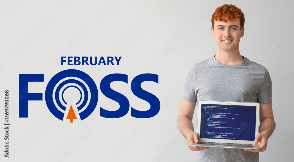 Aufkleber banner for free and open source software month with young programmer holding laptop