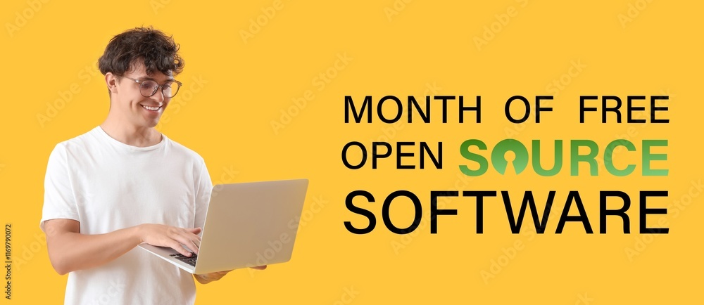 Poster banner for free and open source software month with young programmer holding laptop
