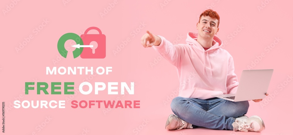 Aufkleber banner for free and open source software month with young programmer holding laptop