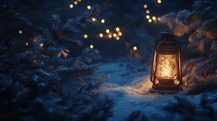 Glowing lantern in snowy forest.