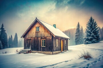 A vintage wooden cabin nestled in a foggy, snowy winter landscape; cold weather's rustic charm.