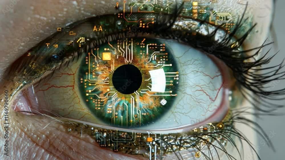 Poster A close-up view of an eye intertwined with digital circuit patterns, symbolizing the fusion of human senses and advanced technology. This artwork captures the essence of innovation and perception.