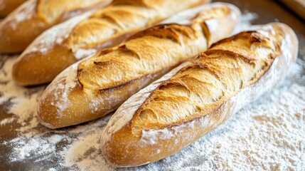 Freshly baked French baguettes with golden crusts resting on a floured surface, showcasing the perfect texture and aroma of artisan bread.