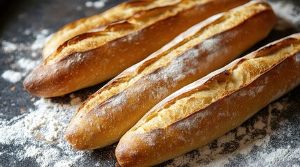 Freshly baked French baguettes with golden crusts resting on a floured surface, showcasing the perfect texture and aroma of artisan bread.