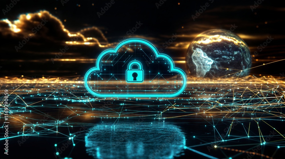 Poster cloud computing security with padlock icon protecting global network data