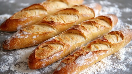 Freshly baked French baguettes with golden crusts resting on a floured surface, showcasing the perfect texture and aroma of artisan bread.