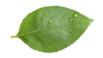 A green leaf with water droplets, highlighting nature's beauty and freshness.