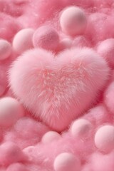 Fluffy pink heart in a dreamy, soft setting. Close-up of fluffy pink textures with a heart shape. Dreamy pink heart landscape, fantasy background.