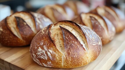 Golden brown loaves of freshly baked bread on a wooden board, showcasing a crusty exterior and perfectly baked artisan quality.