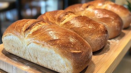 Golden brown loaves of freshly baked bread on a wooden board, showcasing a crusty exterior and perfectly baked artisan quality.