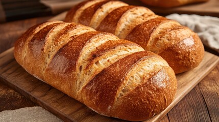 Golden brown loaves of freshly baked bread on a wooden board, showcasing a crusty exterior and perfectly baked artisan quality.