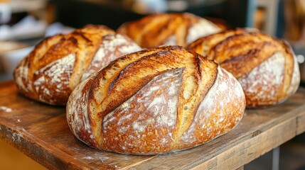 Golden brown loaves of freshly baked bread on a wooden board, showcasing a crusty exterior and perfectly baked artisan quality.