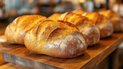 Golden brown loaves of freshly baked bread on a wooden board, showcasing a crusty exterior and perfectly baked artisan quality.