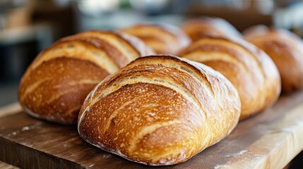 Naklejka premium Golden brown loaves of freshly baked bread on a wooden board, showcasing a crusty exterior and perfectly baked artisan quality.