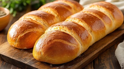 Golden brown loaves of freshly baked bread on a wooden board, showcasing a crusty exterior and perfectly baked artisan quality.