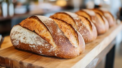 Golden brown loaves of freshly baked bread on a wooden board, showcasing a crusty exterior and perfectly baked artisan quality.