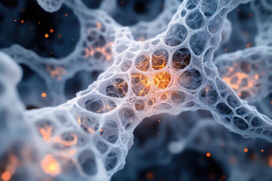 Intricate web-like structure with glowing orange centers, resembling a neural network or abstract art.