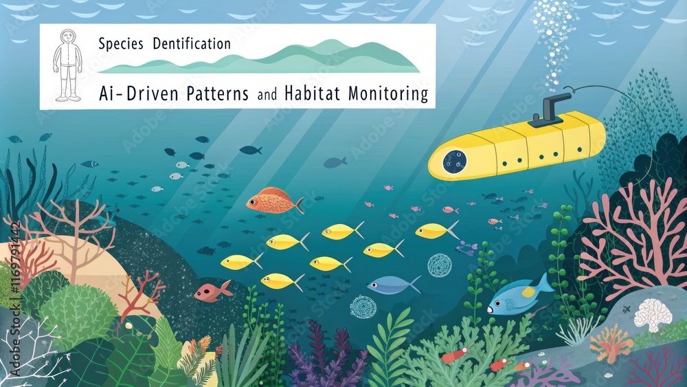Poster autonomous underwater vehicle navigating a vibrant coral reef, utilizing ai driven patterns for habi