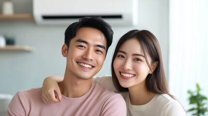 An Asian couple smiling brightly while leaning against a sleek, wall-mounted air conditioner, enjoying the cool breeze in their modern living room.