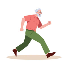 Elderly man running jogging side view, vector illustration isolated on white. Senior man character doing sport. Active healthy lifestyle concept. Outdoor running activity.