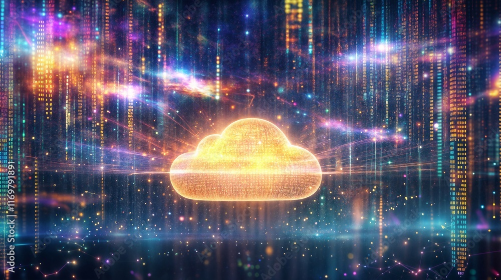 Poster cloud computing technology connecting data in cyberspace with futuristic design