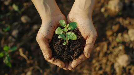 Fototapeta premium Hands gently holding a seedling ready to be planted, symbolizing environmental protection and the nurturing of nature for a sustainable future.