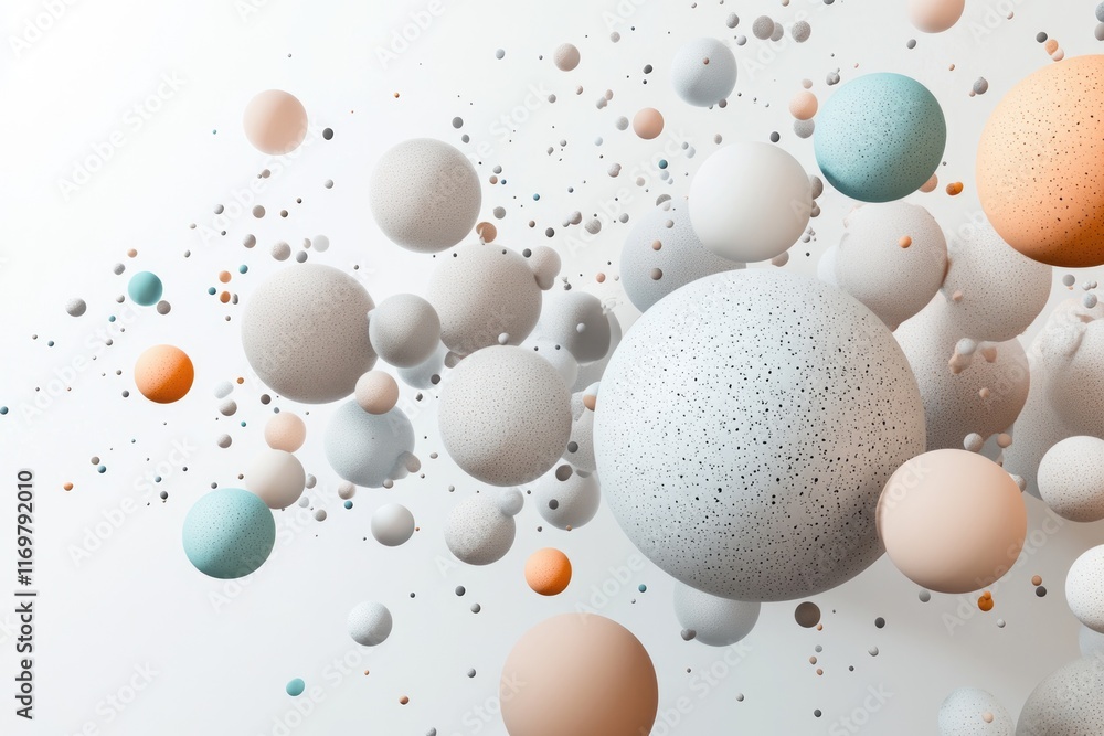 Poster abstract 3d rendering of pastel-colored spheres floating in a white space, creating a dynamic and ai