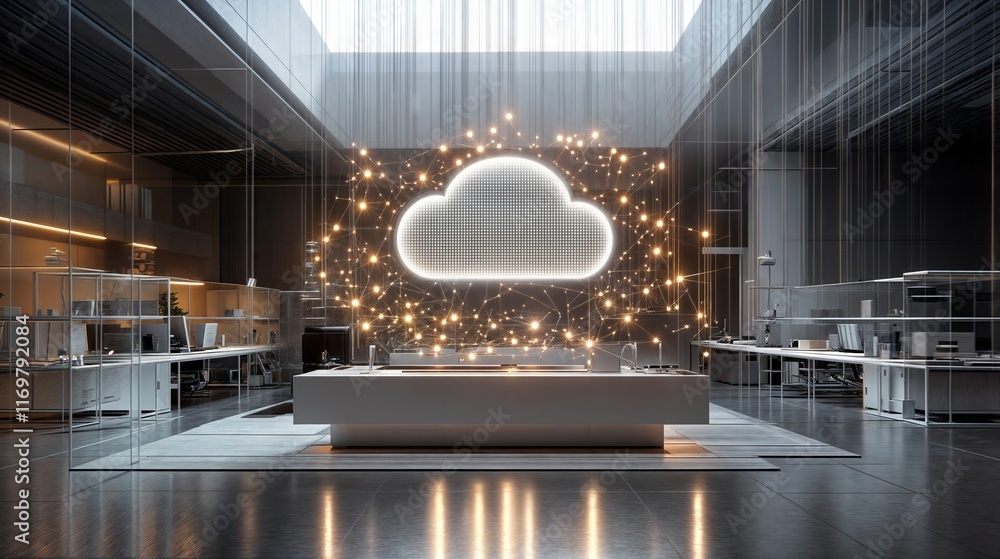 Poster cloud computing network connecting office computers in modern workspace