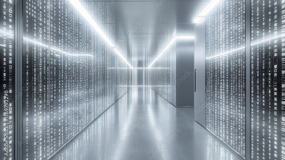 Poster futuristic server room corridor with glowing data streams on walls.