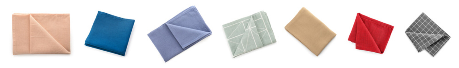 Set of clean napkins for kitchen on white background, top view