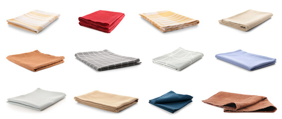 Set of clean napkins for kitchen on white background