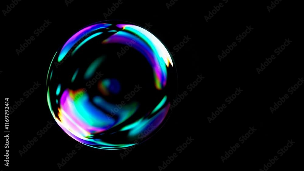 Poster colorful soap bubble on black background, abstract art. light reflection and physics concept