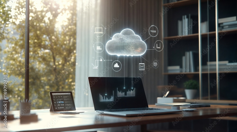 Aufkleber cloud computing technology connecting devices in modern office setting