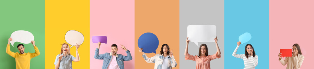 Set of people with blank speech bubbles on color background