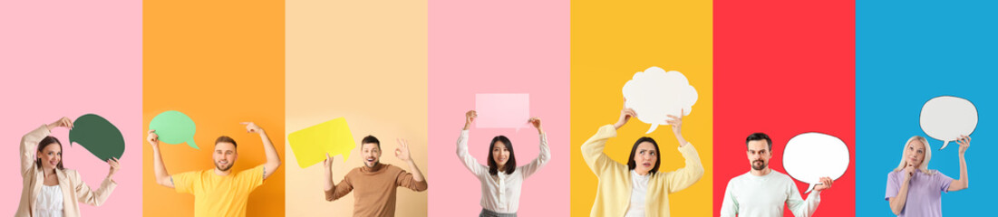Set of people with blank speech bubbles on color background