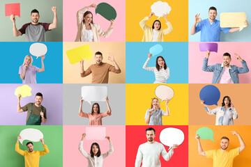 Fototapeta premium Set of people with blank speech bubbles on color background