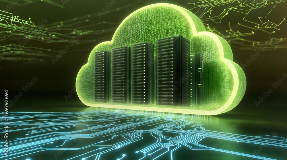 Poster cloud computing servers inside green cloud shape over printed circuit board