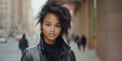 Beautiful young black stylish woman looking at the camera	
