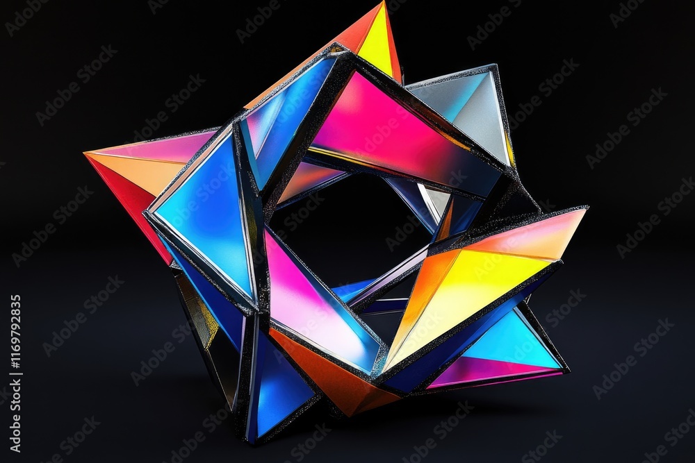 Poster abstract iridescent geometric sculpture with vibrant colors and multifaceted triangular shapes.