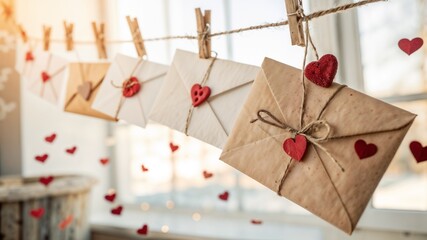 Several romantic envelopes with hearts hanging on a string against a window backdrop with hearts