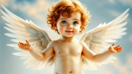 Angelic Cupid with wings against a backdrop of a cloudy sky