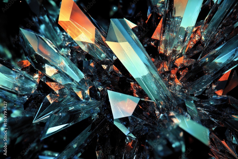 Poster a mesmerizing cluster of teal and orange crystals, sharply defined and dramatically lit, creating a 