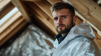 A builder in a protective suit installing mineral wool on the roof of an attic, looking at the camera with a friendly expression, highlighting his expertise.