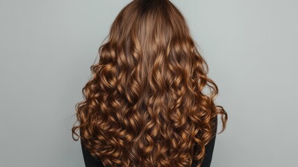 Fototapeta premium A beautiful girl with stunning, long, shiny brown curly hair, viewed from the back, showcasing the elegant and voluminous texture of her hair.