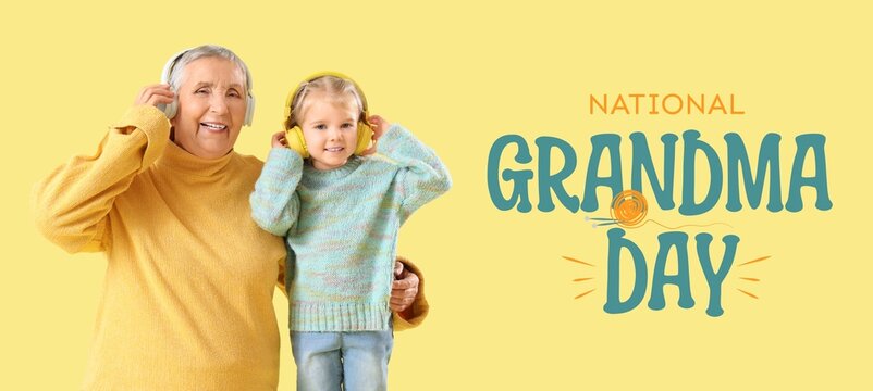 Banner for National Grandma Day with grandmother and her granddaughter listening to music